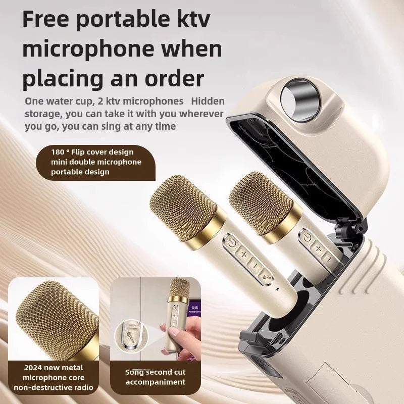 Cream-colored kinglucky k18 pro portable karaoke party wireless microphone bluetooth set with gold mesh grilles in flip case