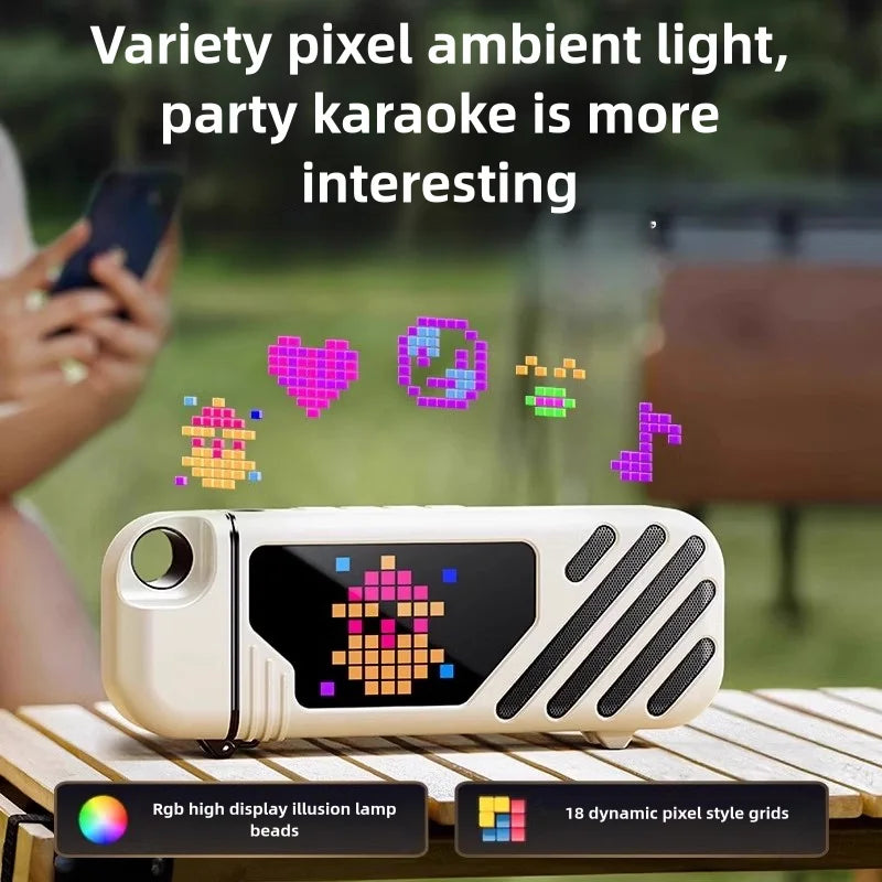 Cream-colored kinglucky k18 pro portable karaoke party speaker with wireless microphone bluetooth and colorful led screen