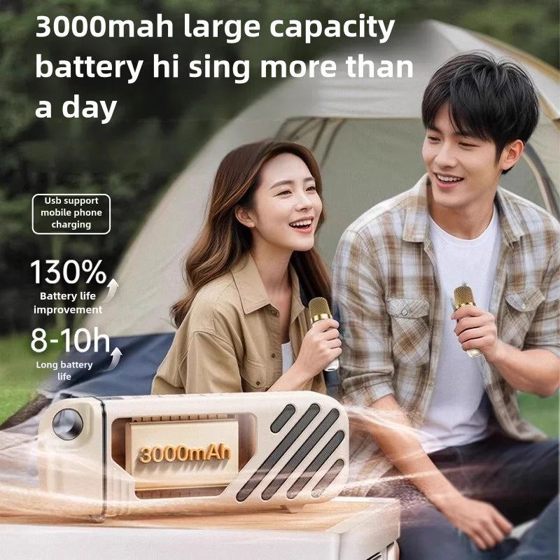 Cream-colored kinglucky k18 pro portable karaoke party speaker with retro design wireless microphone bluetooth and 3000mah battery