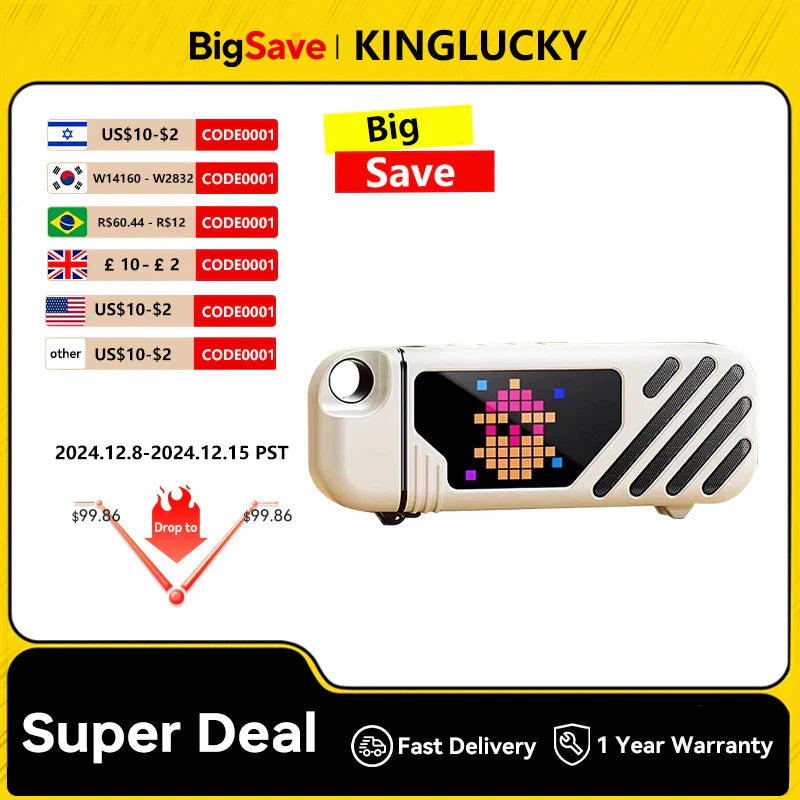 White retro-style portable projector displaying a pixelated character for kinglucky k18 pro portable karaoke party speaker with wireless microphone bluetooth