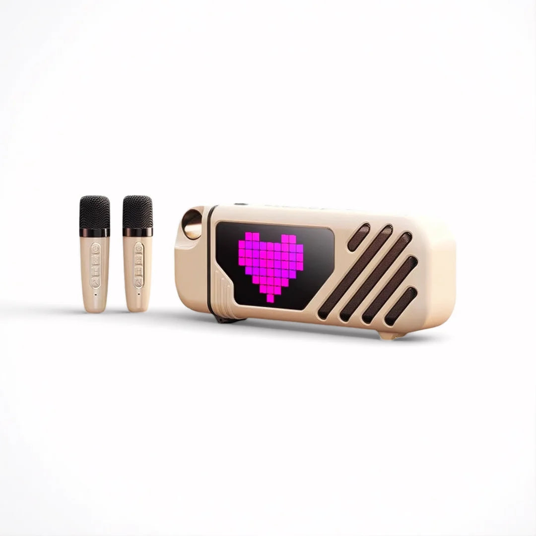 Beige kinglucky k18 pro portable karaoke party speaker with wireless microphone bluetooth and pixelated pink heart display