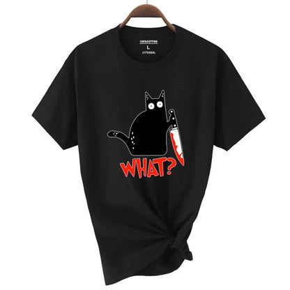 Black cotton short sleeve t-shirt featuring a cartoon black cat with knife and red text what for summer cool tee hip hop tops