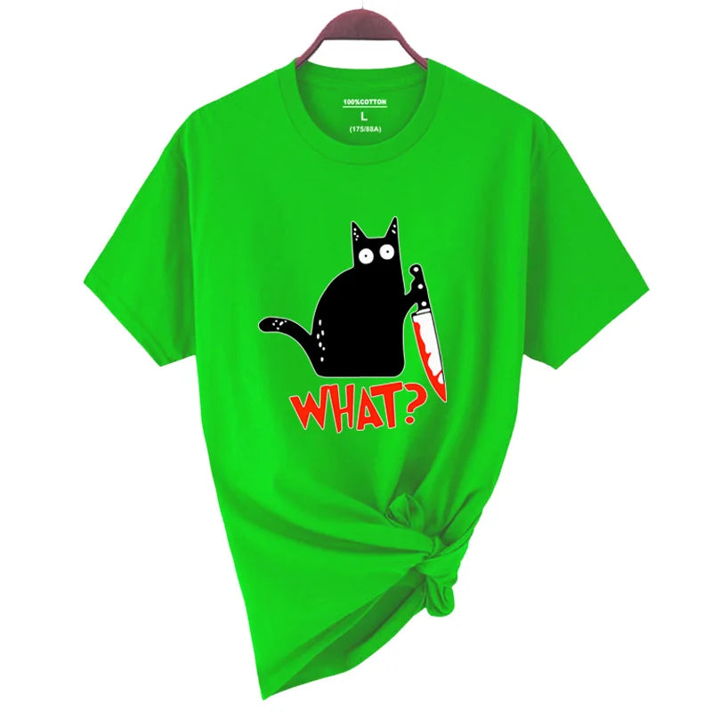 Bright green cotton short sleeve fashion breathable t-shirt with black cartoon cat and red what print summer cool tee hip hop tops