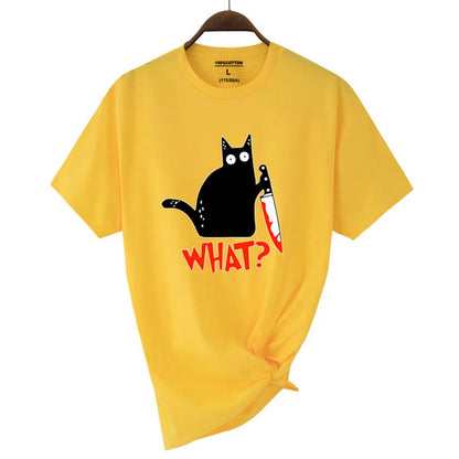 Bright yellow short-sleeved cotton t-shirt with a black cat and what print ideal for sleeve fashion breathable summer cool tee hip hop tops