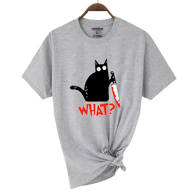 Gray cotton short sleeve t-shirt with black cartoon cat holding knife and orange what text summer cool tee hip hop tops