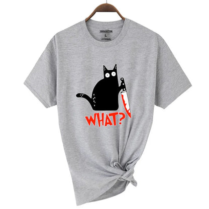 Gray cotton short sleeve t-shirt with black cartoon cat holding knife and orange what text summer cool tee hip hop tops