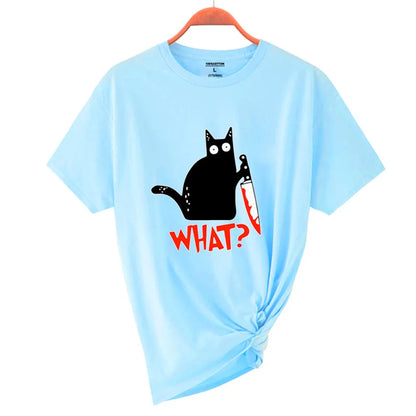 Light blue cotton short sleeve t-shirt with black cartoon cat and knife print summer cool tee breathable hip hop tops