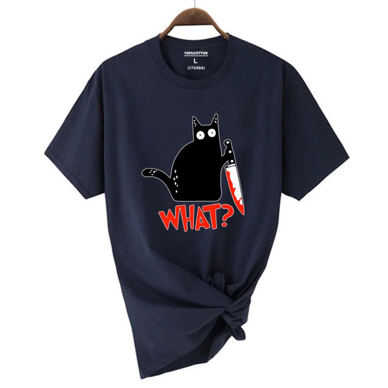 Navy blue cotton short sleeve t-shirt with black cartoon cat holding a knife and red what text, a breathable summer cool tee