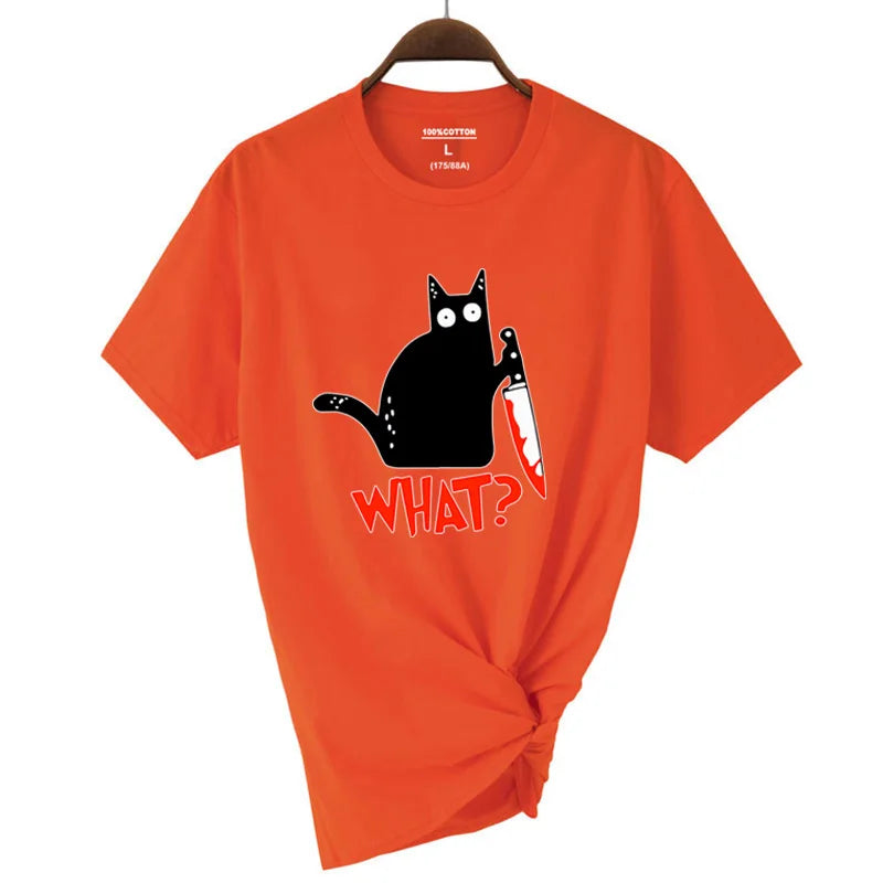 Orange cotton short sleeve fashion breathable t-shirt with black cartoon cat and summer cool tee hip hop tops design