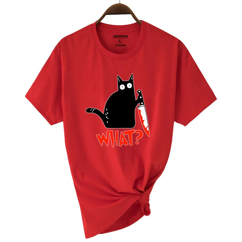 Red cotton short sleeve fashion breathable t-shirt with black cartoon cat holding knife and orange what print summer cool tee hip hop tops