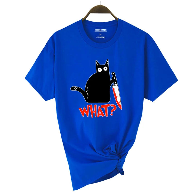 Royal blue cotton short sleeve fashion breathable t-shirt with black cartoon cat holding knife summer cool tee hip hop tops