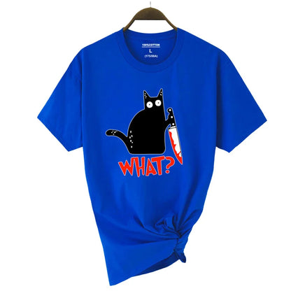 Royal blue cotton short sleeve fashion breathable t-shirt with black cartoon cat holding knife summer cool tee hip hop tops