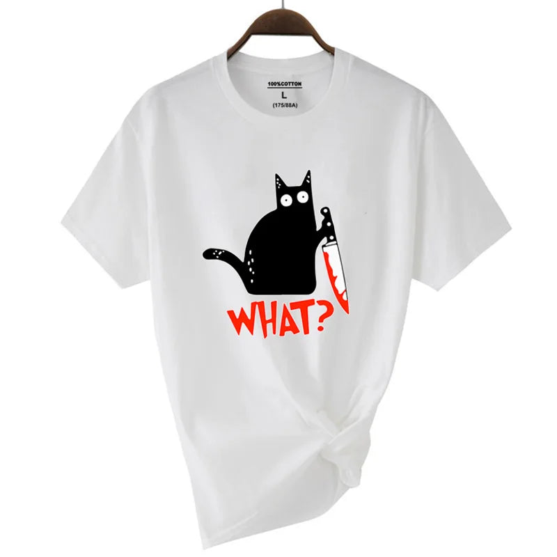 White cotton short sleeve t-shirt featuring a black cartoon cat with a knife and red what print hip hop tops breathable