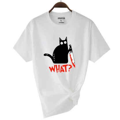 White cotton short sleeve t-shirt featuring a black cartoon cat with a knife and red what print hip hop tops breathable