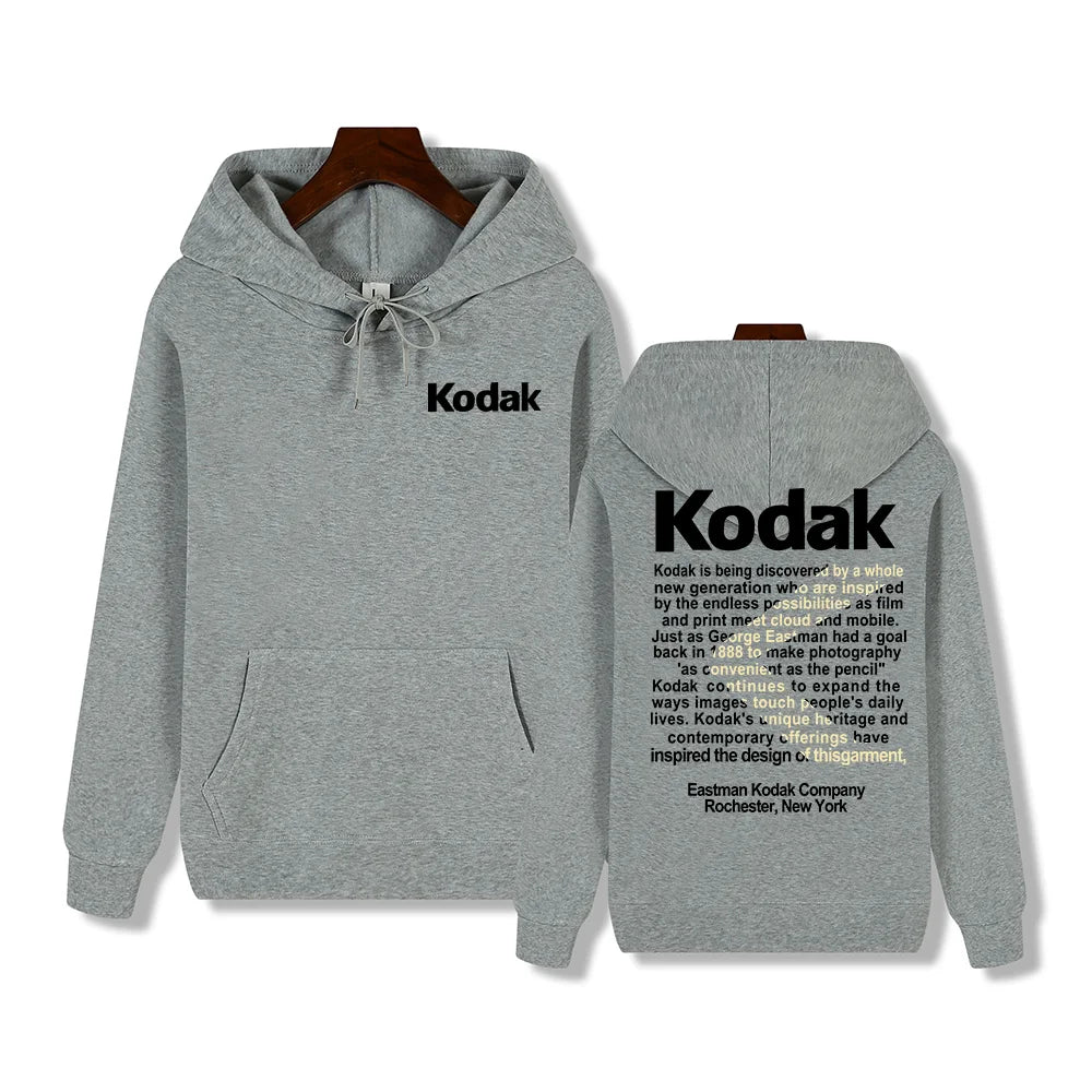 Gray hooded sweatshirt with black kodak branding and detailed text block on back for retro trend y2k sportswear autumn winter daily street casual
