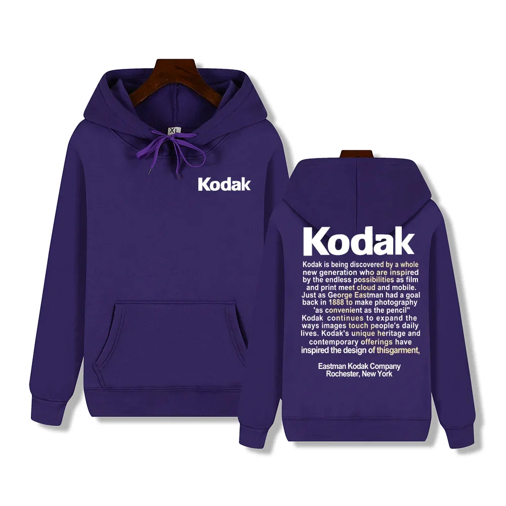 Purple hooded sweatshirt with white kodak branding and printed text on back for retro trend y2k sportswear autumn winter use