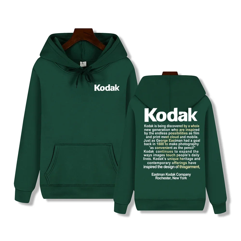 Dark green hooded sweatshirt with white kodak branding and printed text block on back for retro trend y2k sportswear autumn winter daily street casual use