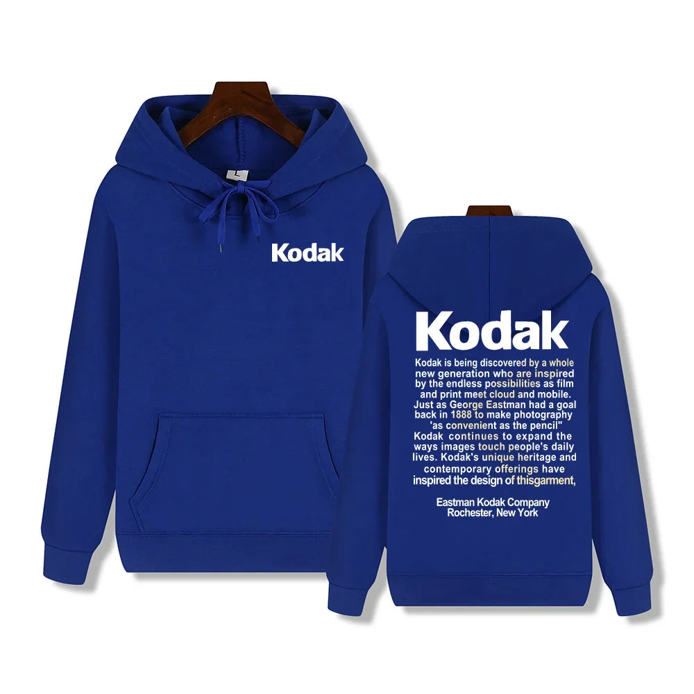 Royal blue kodak hoodie with white logo front and brand history design on back perfect for retro trend y2k sportswear autumn winter