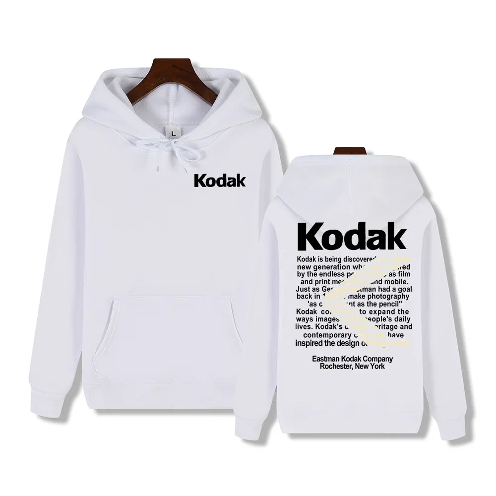 White hoodie with black kodak logo and matching drawstrings for retro trend y2k sportswear autumn winter casual wear
