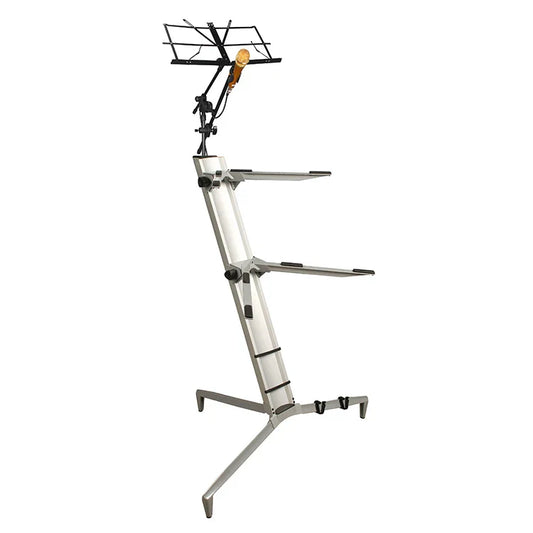 Adjustable silver keyboard stand multifunctional ks-86 with integrated music sheet holder and microphone mount for musical instrument players