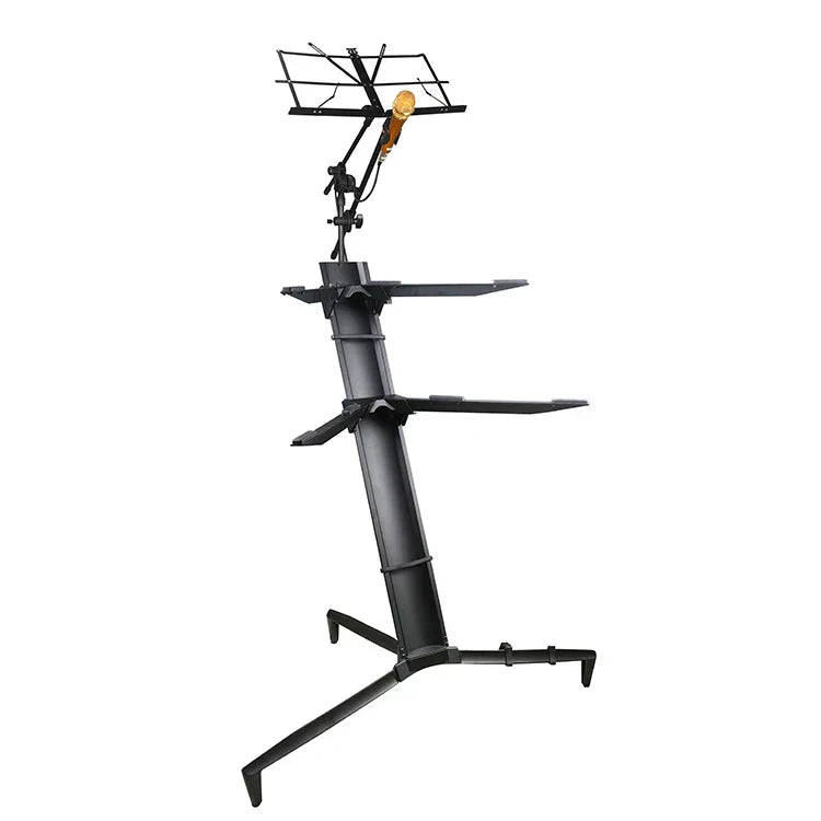Ks-86b black metal keyboard stand with adjustable shelves and mounted microphone for versatile musical use