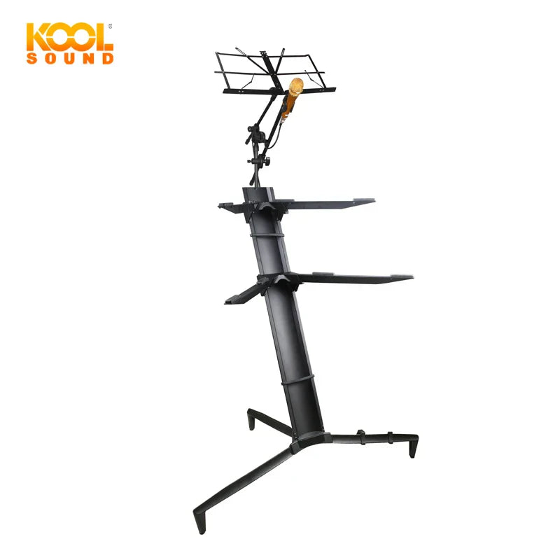 Black metal ks-86b keyboard stand with adjustable shelves and mounted microphone for versatile musical use