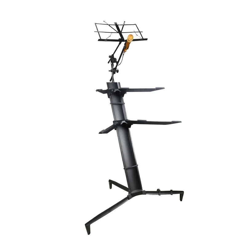 Black metal ks-86b multiduty stand with adjustable shelves and mounted microphone for black plane keyboard use