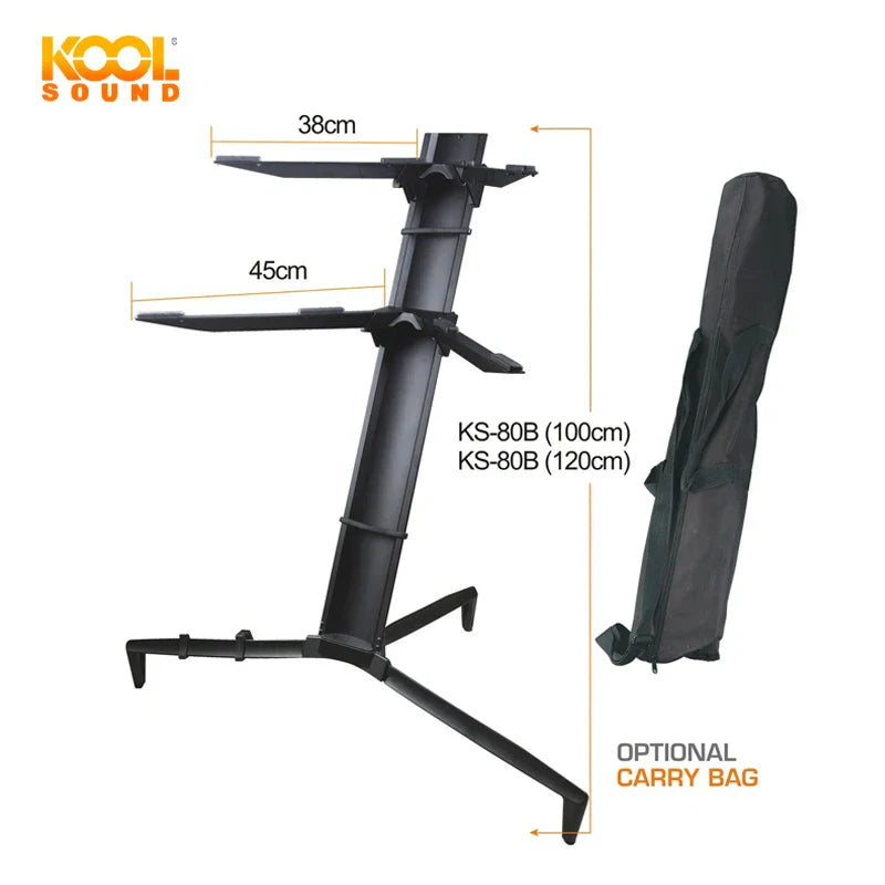 Black aluminum double keyboard stand with adjustable shelves and matching carry bag for musical instruments