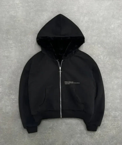 Black minimalist sweatshirt with plush fur-lined hood and subtle white text in korean fashion retro gothic couple street style