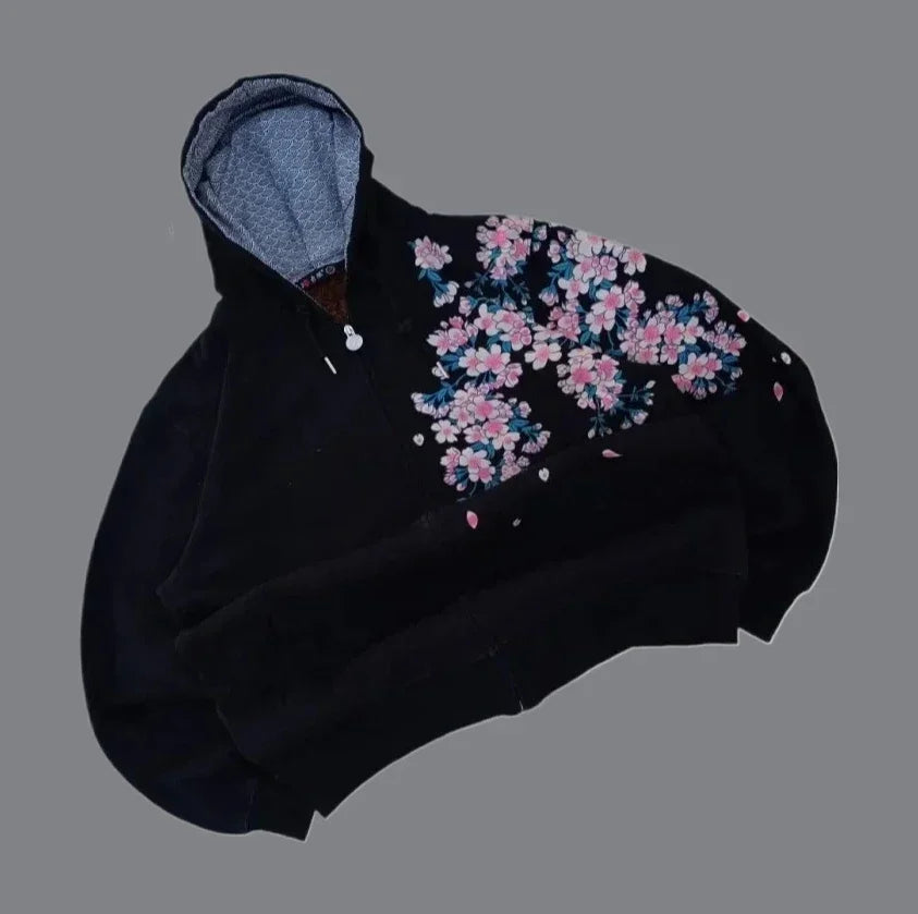Black minimalist sweatshirt with pink and blue floral embroidery and light blue lining for gothic couple street wear in korean fashion retro style