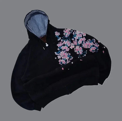 Black minimalist sweatshirt with pink and blue floral embroidery and light blue lining for gothic couple street wear in korean fashion retro style