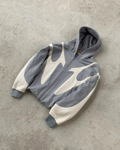 Gray and cream zip-up hoodie with bold flame design featured in korean fashion retro black minimalist sweatshirt style