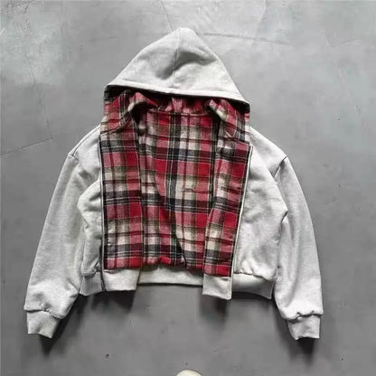 Gray hoodie with red and black plaid inner lining in korean fashion retro style black minimalist sweatshirt for gothic couple street wear