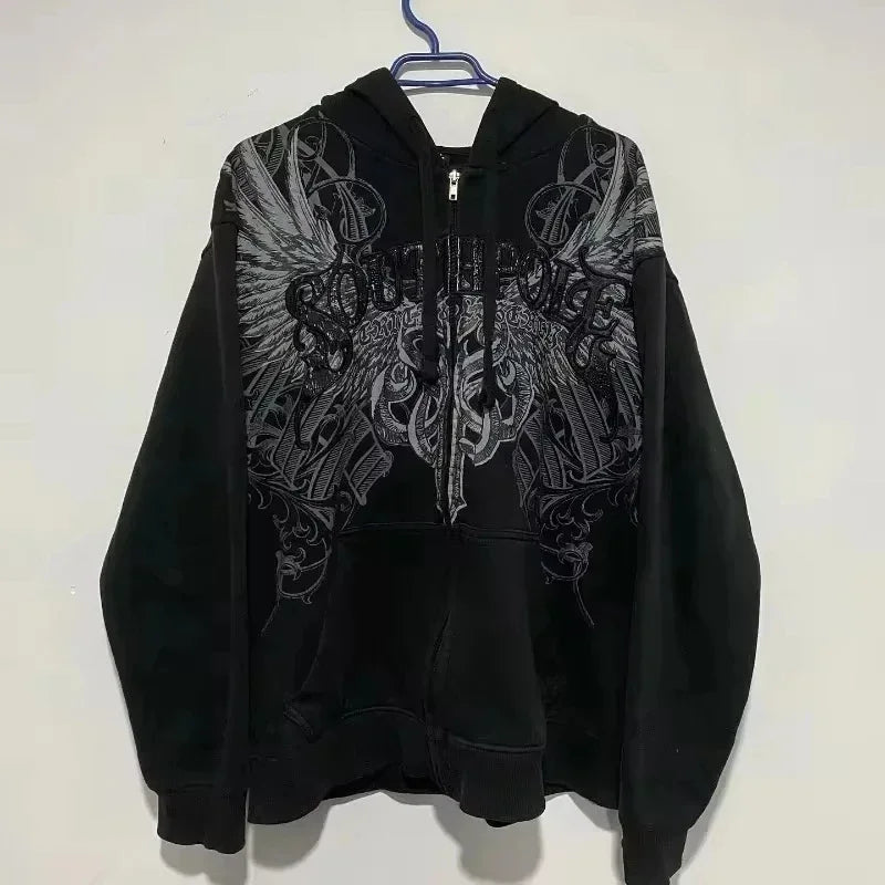 Black minimalist sweatshirt featuring a silver wing and dagger graphic in korean fashion retro gothic couple street style