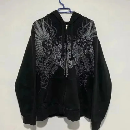 Black minimalist sweatshirt featuring a silver wing and dagger graphic in korean fashion retro gothic couple street style