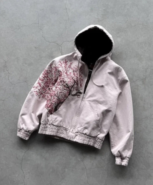 A light gray zip-up hoodie with black interior lining and red tree embroidery on sleeve black minimalist sweatshirt for gothic couple street and korean fashion retro styles