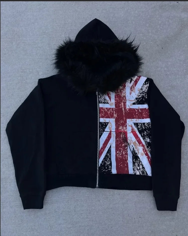 Black zip-up hoodie with distressed union jack graphic and fluffy faux fur hood in korean fashion retro style for gothic couple street wear