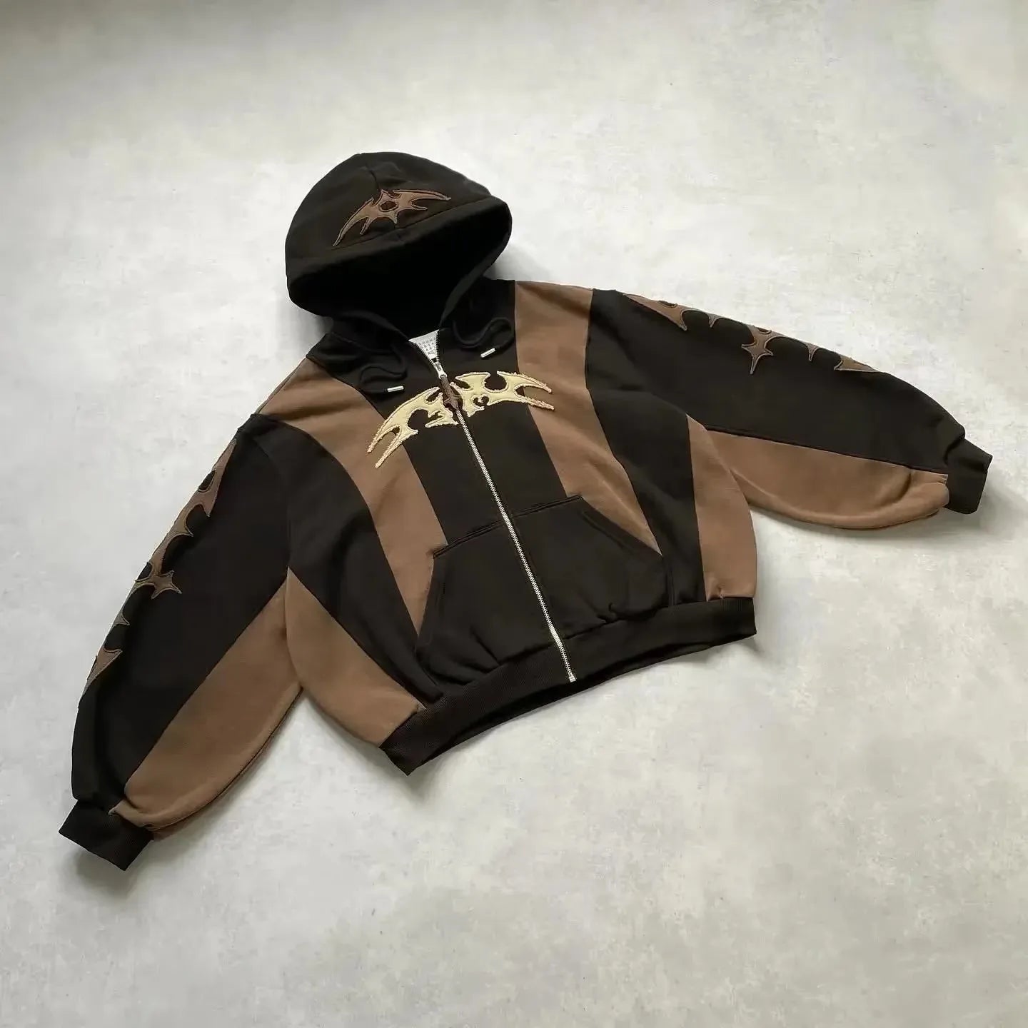 Black minimalist sweatshirt with gold-toned bat-wing embroidery in korean fashion retro gothic couple street style