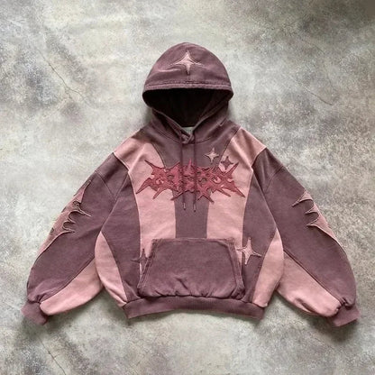 A mauve and dusty rose color-blocked hoodie with distressed patchwork and star motifs for korean fashion retro style