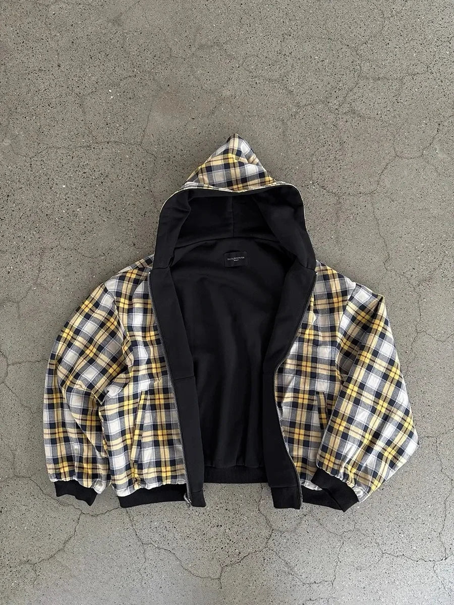 Yellow black and white plaid hooded jacket with black interior lining korean fashion retro black minimalist sweatshirt