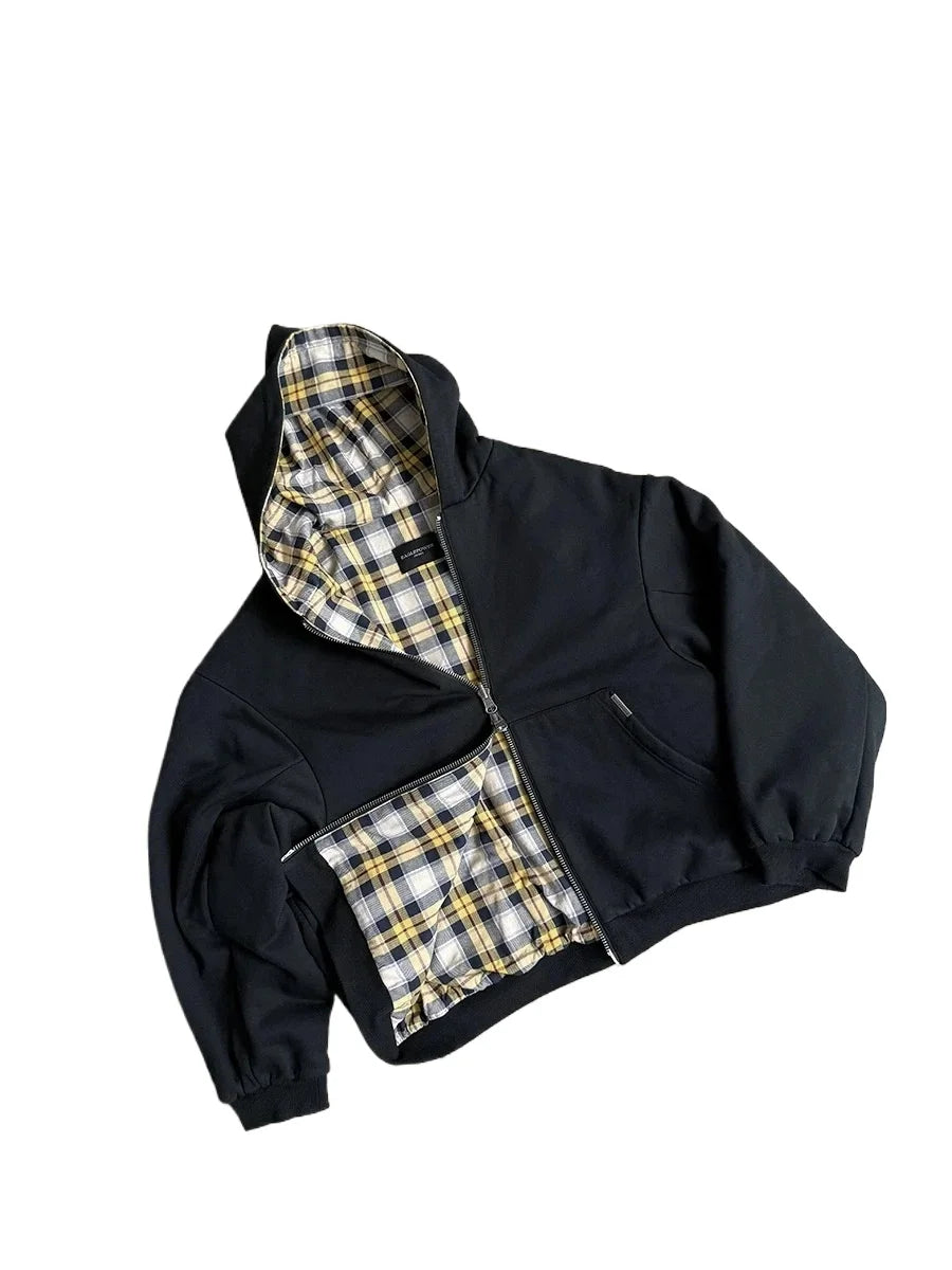 Black minimalist sweatshirt with yellow and black plaid lining korean fashion retro gothic couple street style