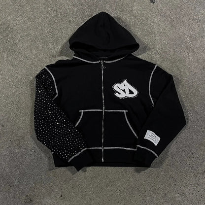 Black minimalist sweatshirt with silver rhinestone detailing inspired by korean fashion retro gothic couple street wear style