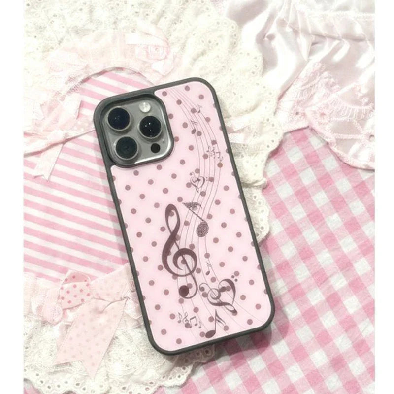 Pink brown polka dot girl heart music note phone case with black border for iphone plus y2k cover back side