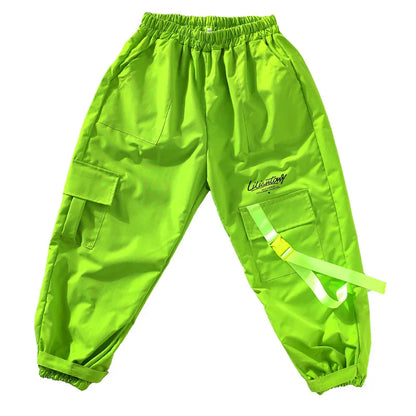 Bright neon green cargo pants with elastic waistband drawstring and yellow buckle pocket for korean teenager hiphop costume stage wear