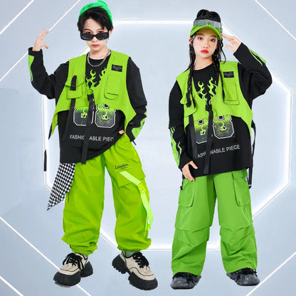 Bright neon green tactical vest with black flame and gear graphics over matching top for korean teenager hiphop costume stage wear