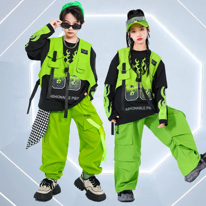 Vibrant neon green tactical vest with black accents and flame graphics over matching top for korean teenager hiphop costume stage wear