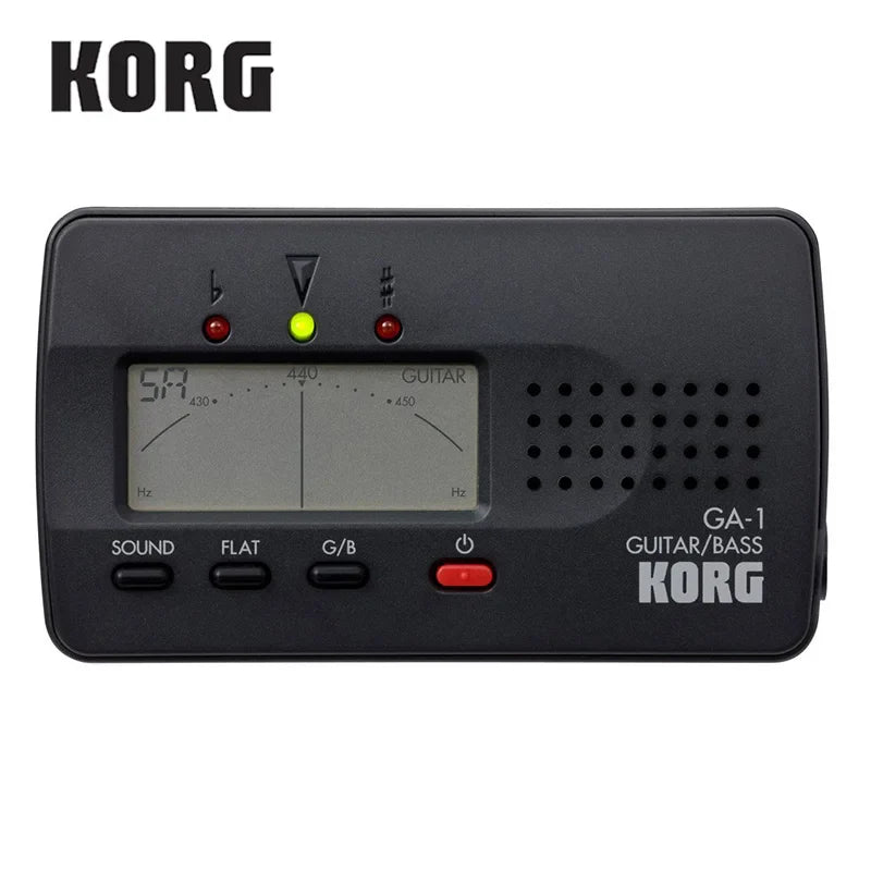 Black korg ga-1 guitar tuner with digital display frequency readings indicator lights and control buttons for bass tuner use