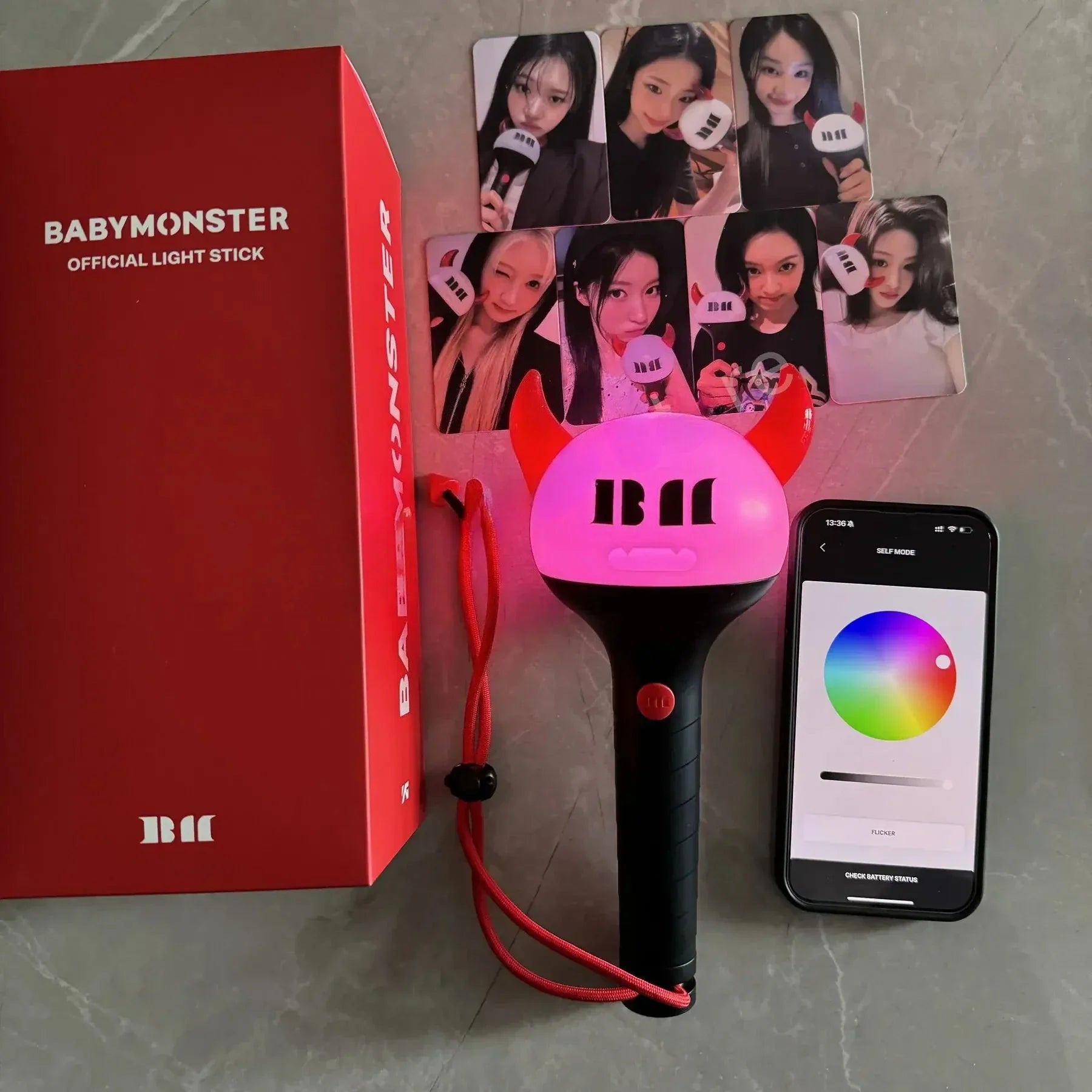 Kpop babymonster official lightstick in pink and black with red devil horns and bluetooth baemon concert wrist strap for fans rora asa