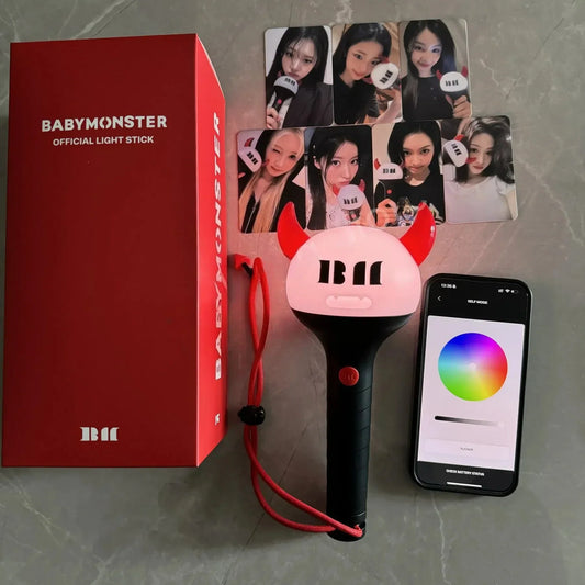 Kpop babymonster official lightstick pink and black with red devil horns and bluetooth baemon concert hand lamp for fans rora asa