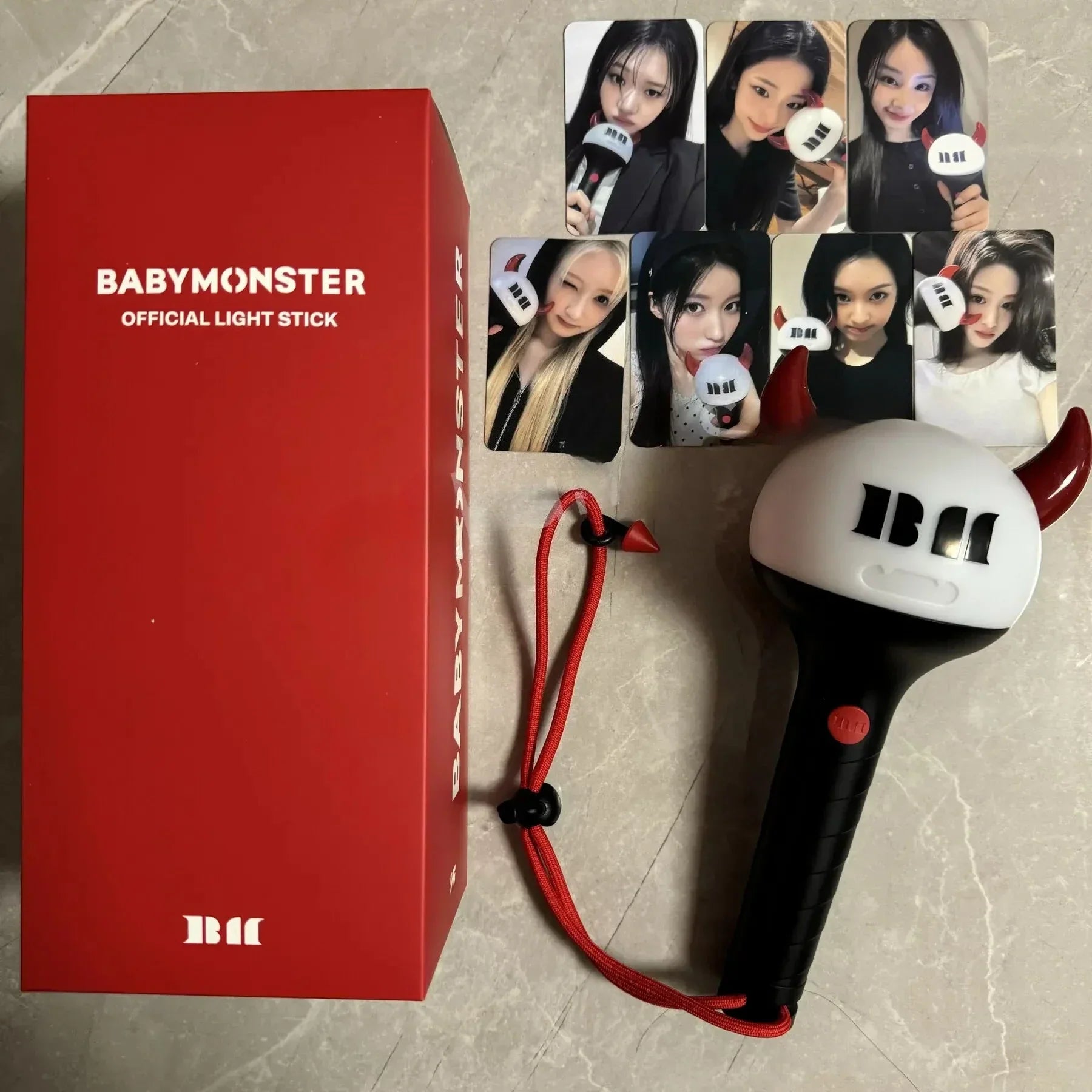 Kpop babymonster official lightstick with bluetooth baemon concert hand lamp in white and black with red devil horns and strap